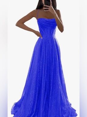 Elegant Royal Blue Sparkle Spaghetti-Strap Prom Gown